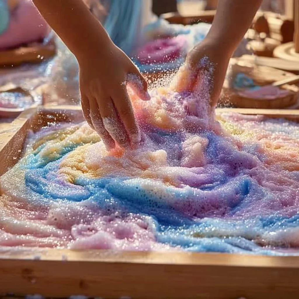 A bowl of fluffy Oobleck, showcasing its unique texture and vibrant color.