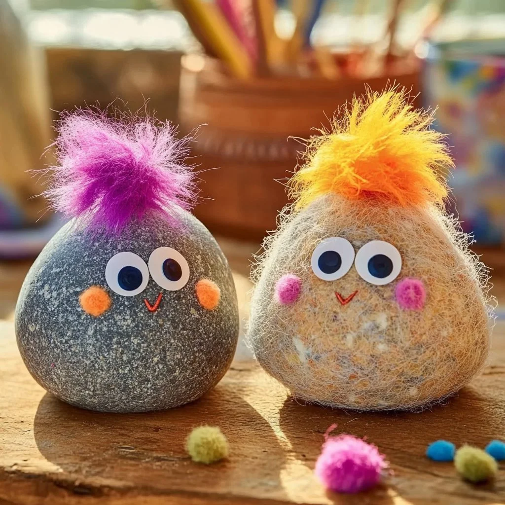 Crafted fluffy pet rocks in vibrant colors