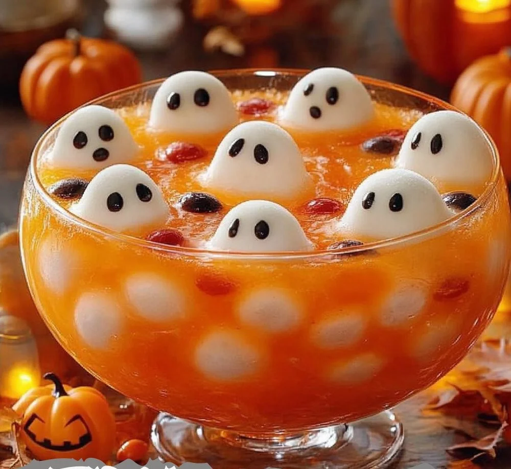 Chilling drink recipe for Ghostly Punch with spooky garnishes.