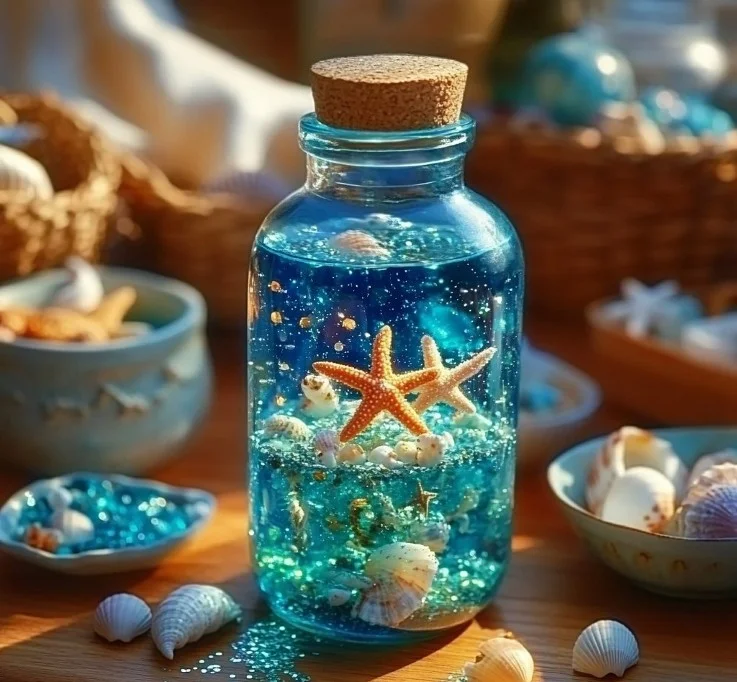 Glittery ocean in a decorative bottle, sparkling sea-inspired art piece.