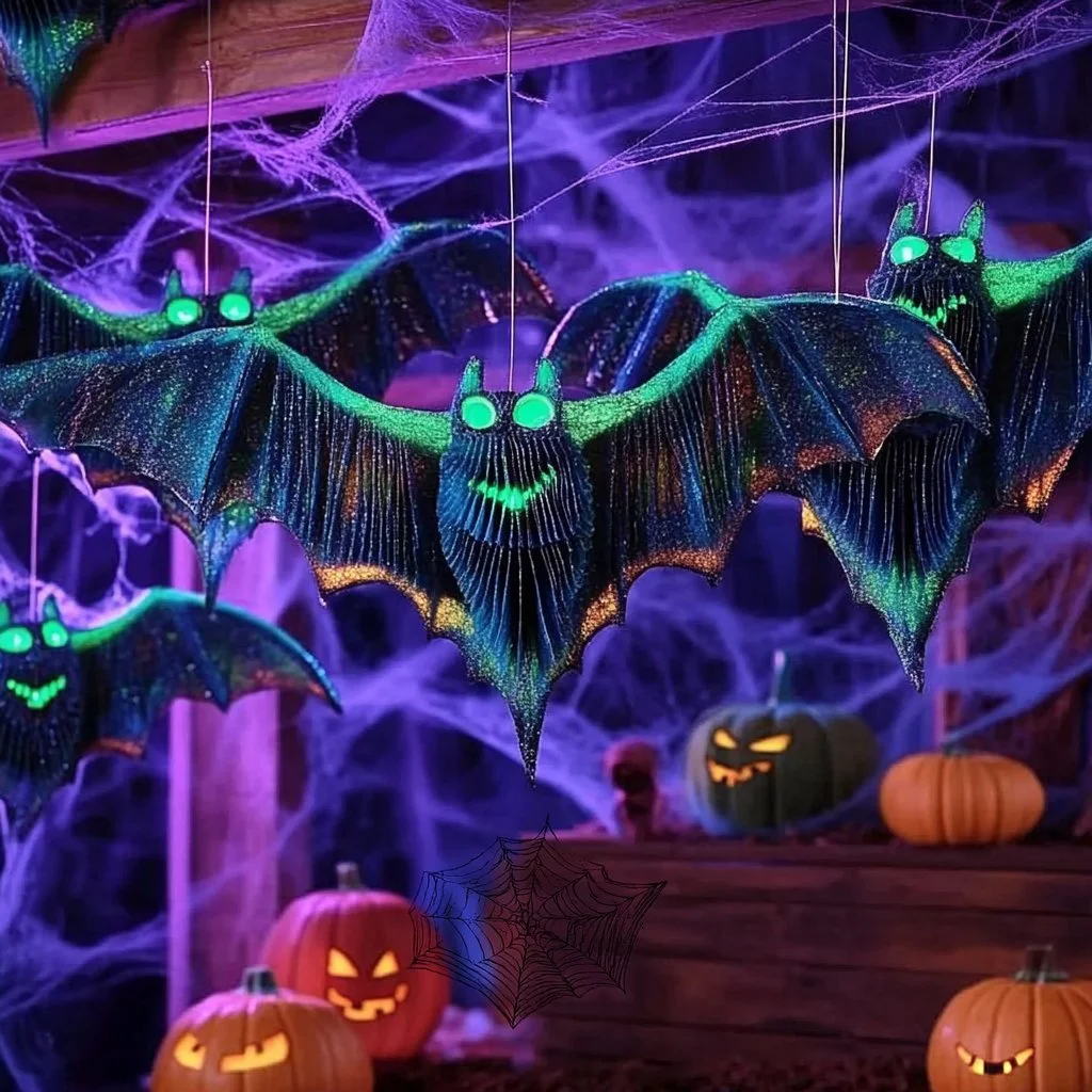 Glow-in-the-dark coffee filter bats decorating a spooky scene.