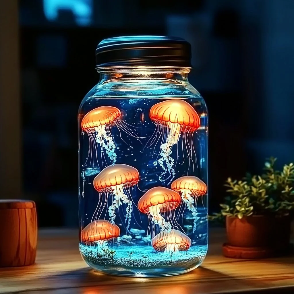 DIY glow in the dark ocean jar with glowing elements and ocean theme.