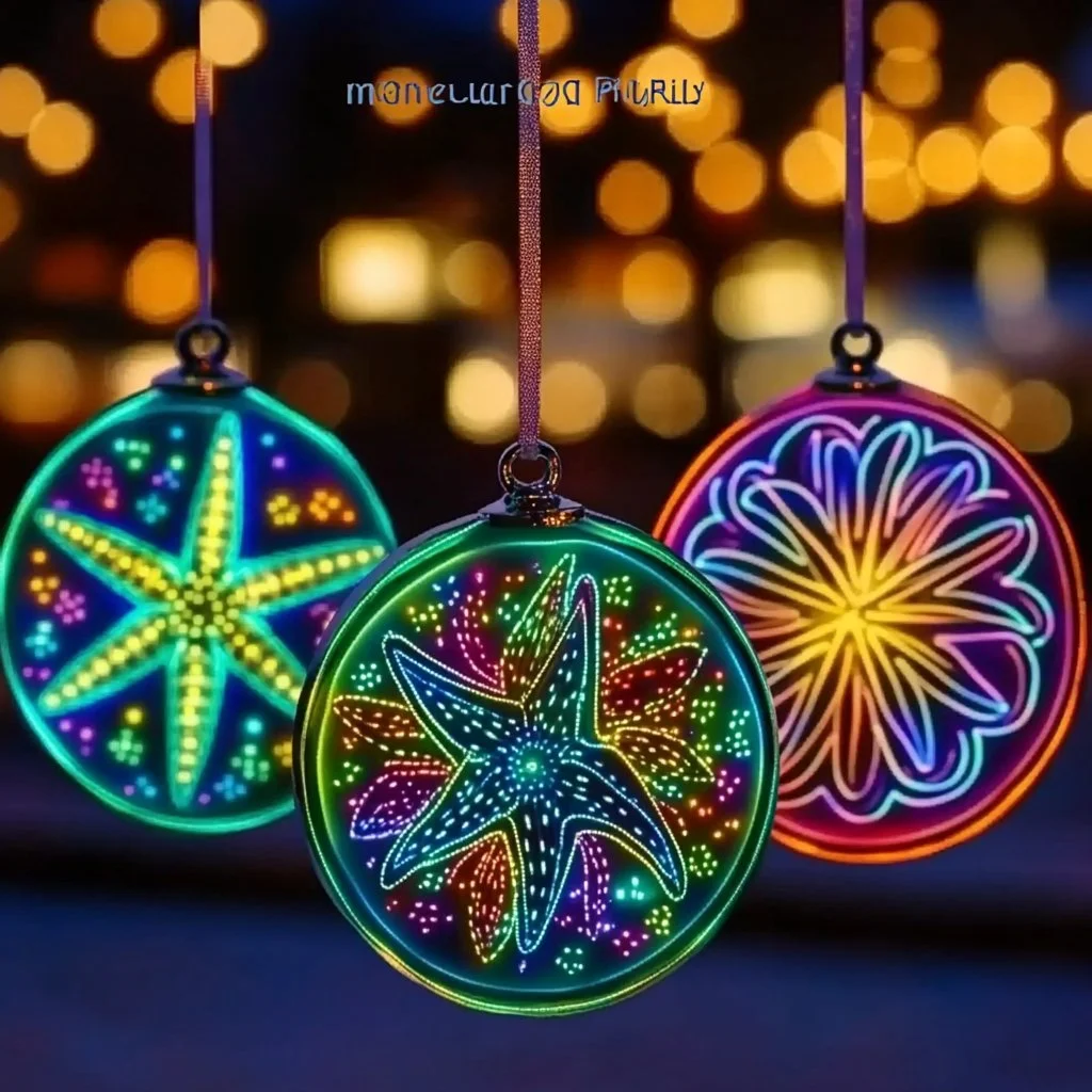 Glow-in-the-dark suncatchers hanging in a sunny window casting colorful reflections.