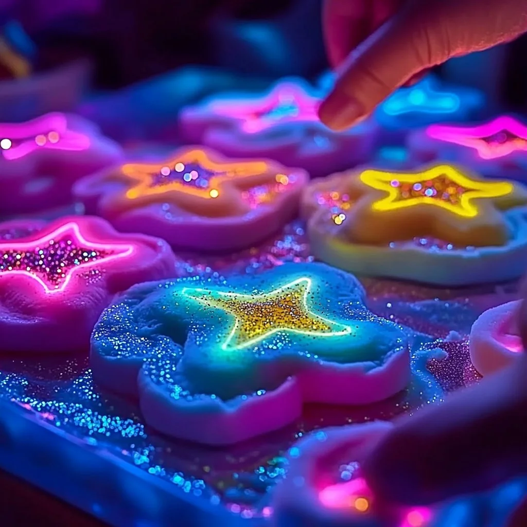 Colorful glow-tastic homemade playdough in various shapes for kids' play.