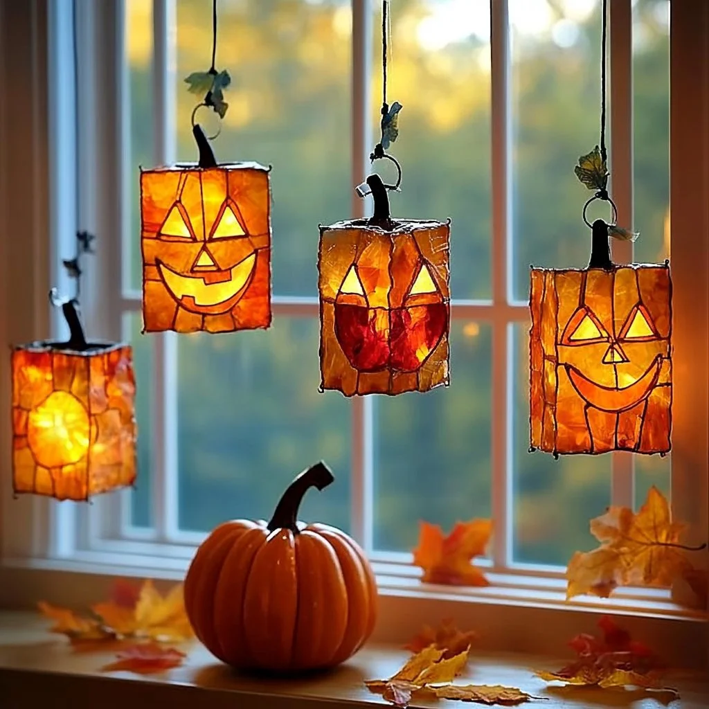 Glowing pumpkin suncatchers for autumn decor