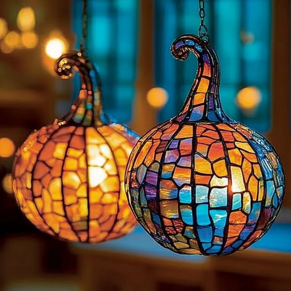 Colorful glowing pumpkin suncatchers hanging in the sunlight.