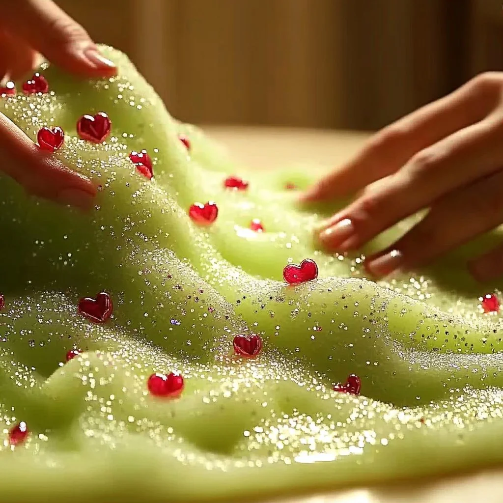 Festive Grinch Slime in vibrant green with holiday decorations