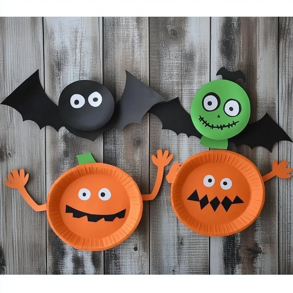 Colorful Halloween paper plate characters for festive decorations and crafts.
