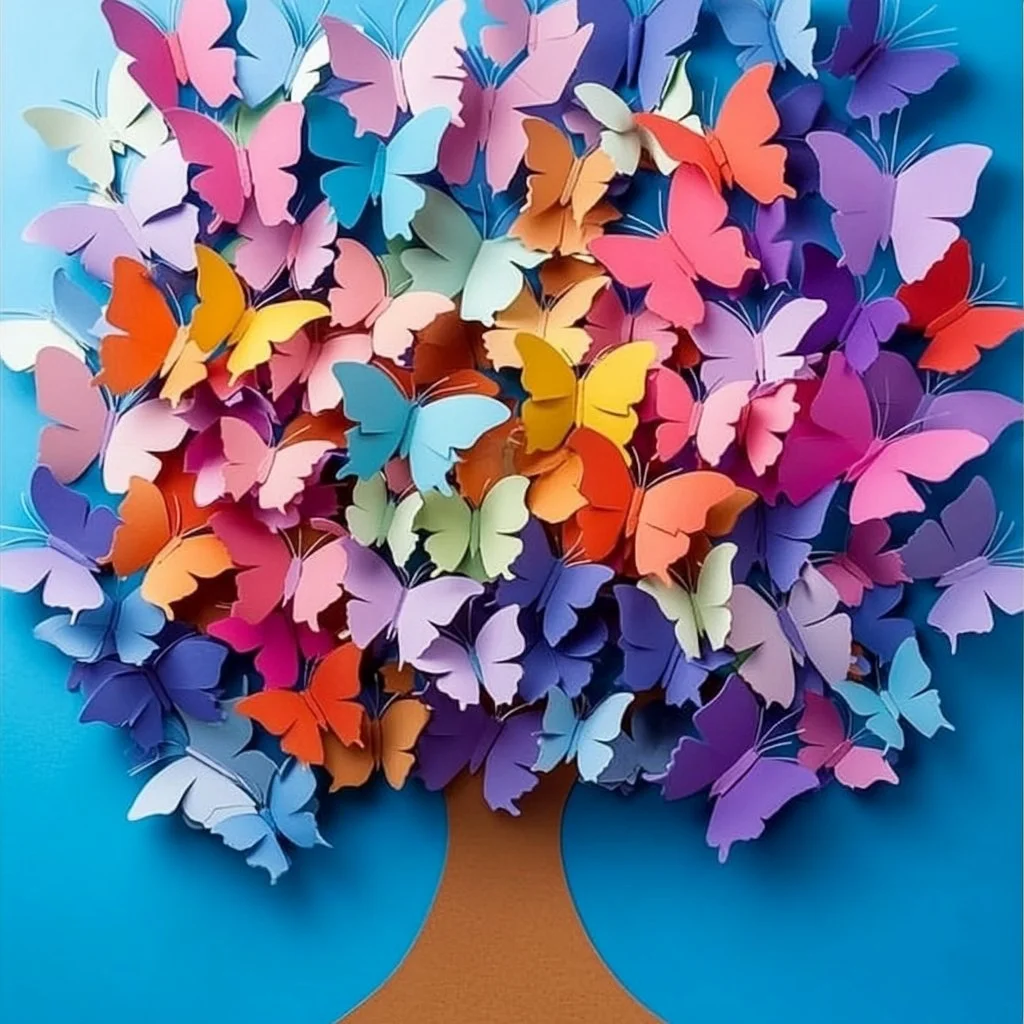 Handprint butterfly tree craft made by children, colorful and creative artwork