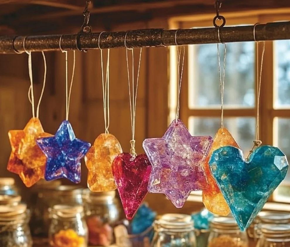 Colorful Borax crystal gems created through simple DIY techniques.