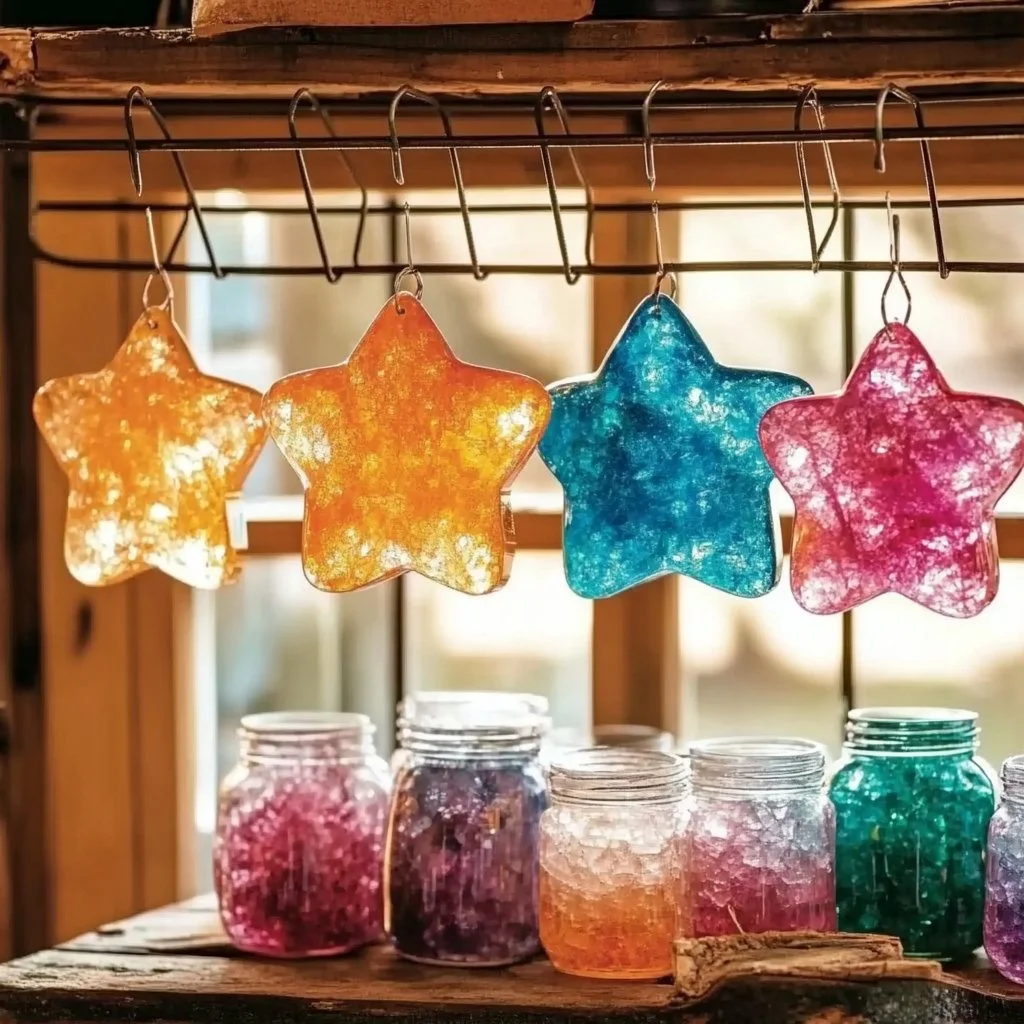 Homemade Borax crystal gems in various colors, sparkling under natural light.
