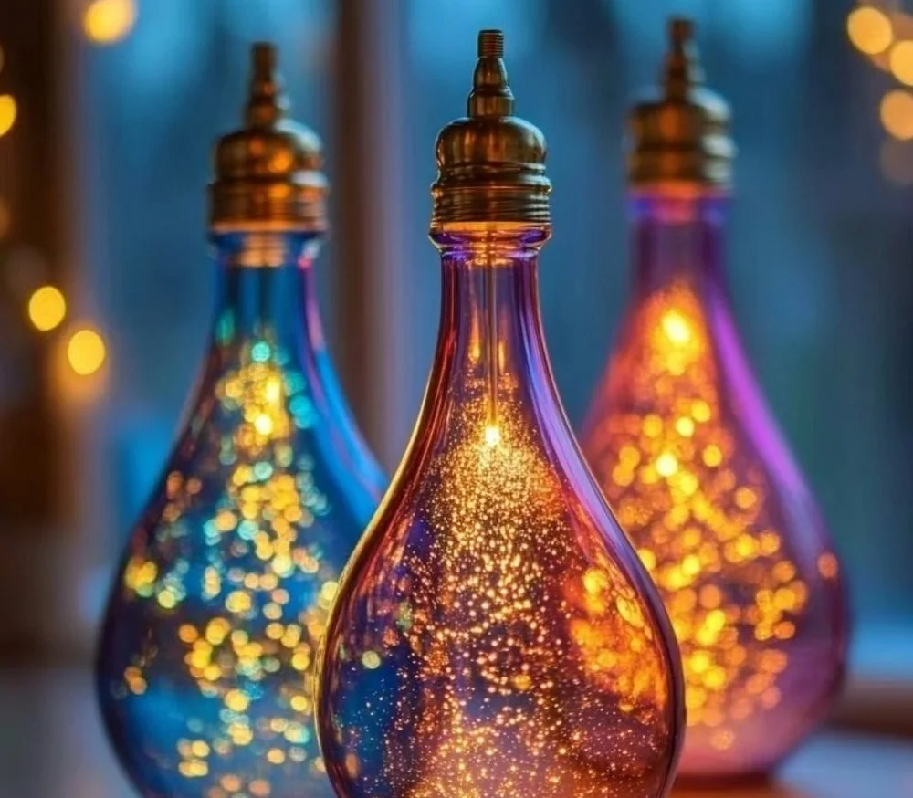 Lava lamp style suncatchers displaying colorful light patterns
