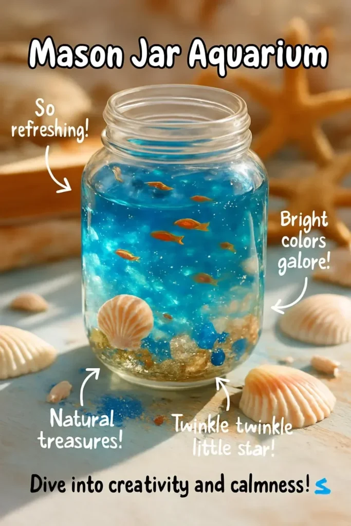 Colorful Mason Jar Aquarium featuring aquatic plants and small fish.