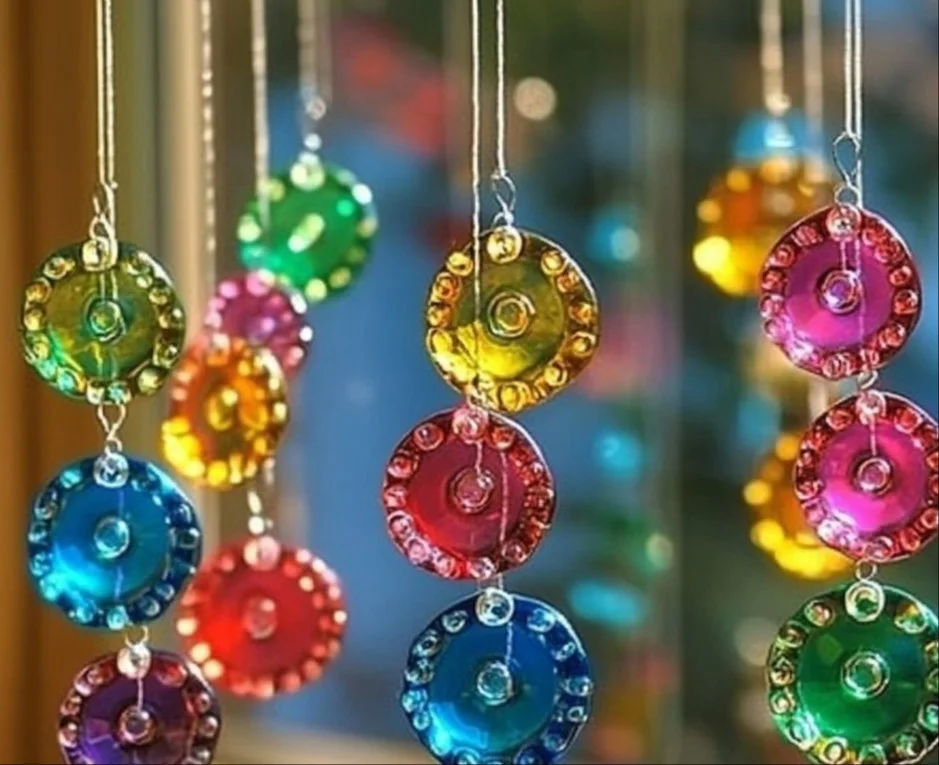 Colorful melted bead suncatchers hanging in sunlight, casting vibrant reflections.