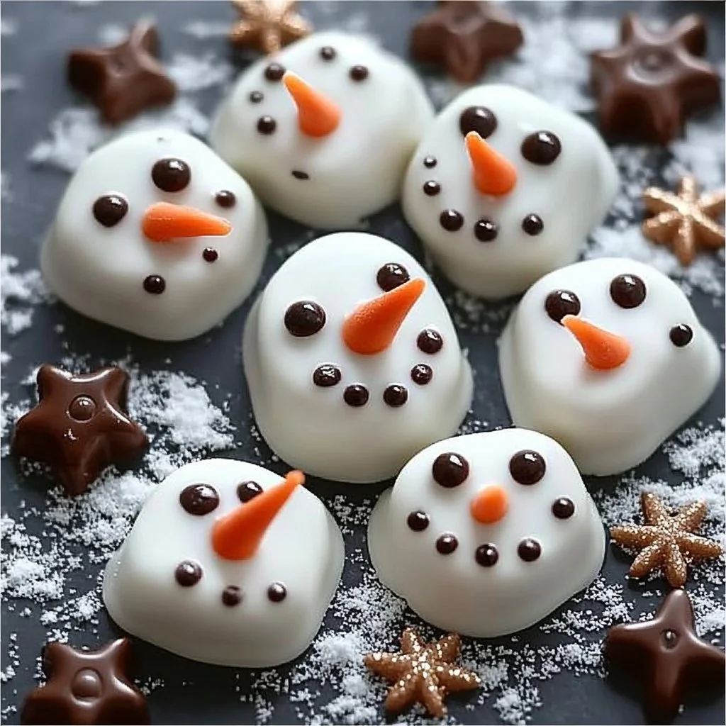 Melted snowman white chocolates for festive holiday treats and gifts