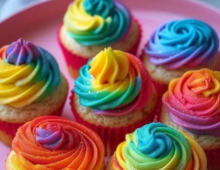 Colorful neon cupcakes decorated with vibrant icing and sprinkles.