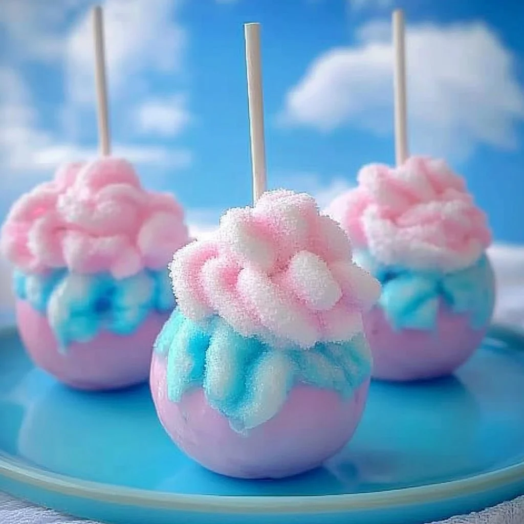 Pastel cotton candy apples drizzled with colorful candy melts and sprinkles.