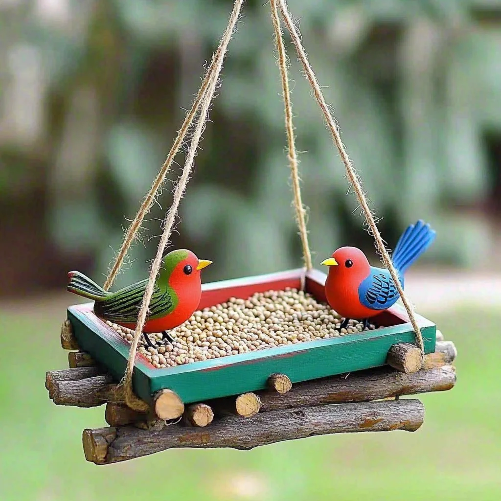 DIY popsicle stick bird feeder attracting various birds in a garden