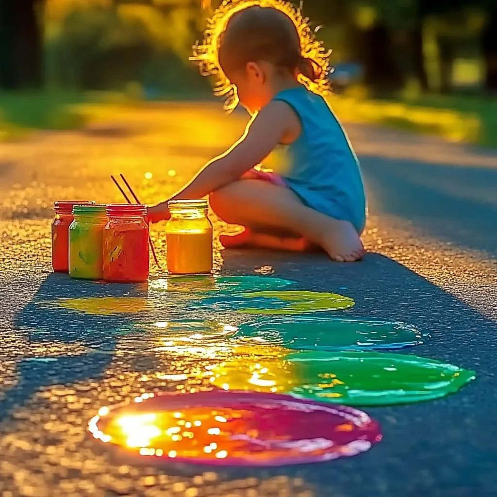 Children using Puffy Sidewalk Paint to create colorful art on pavement.