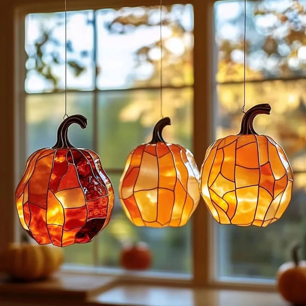 Colorful pumpkin suncatchers hanging in a sunlit window