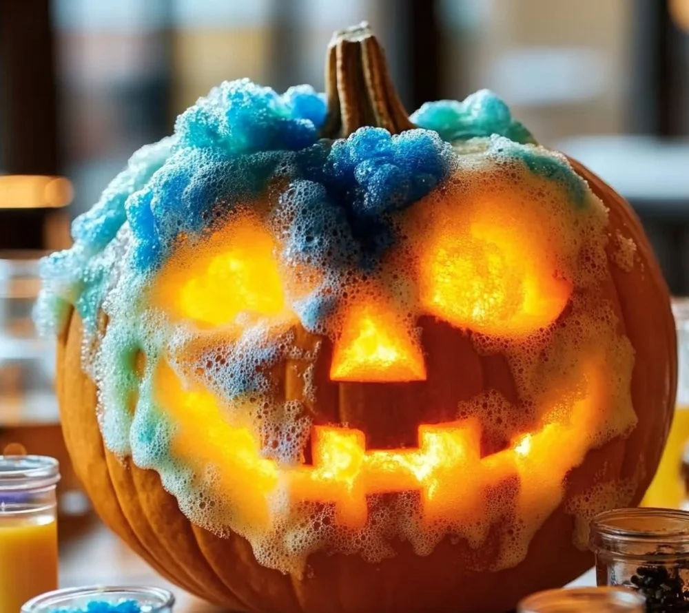 A colorful display of a pumpkin volcano eruption during Halloween festivities.
