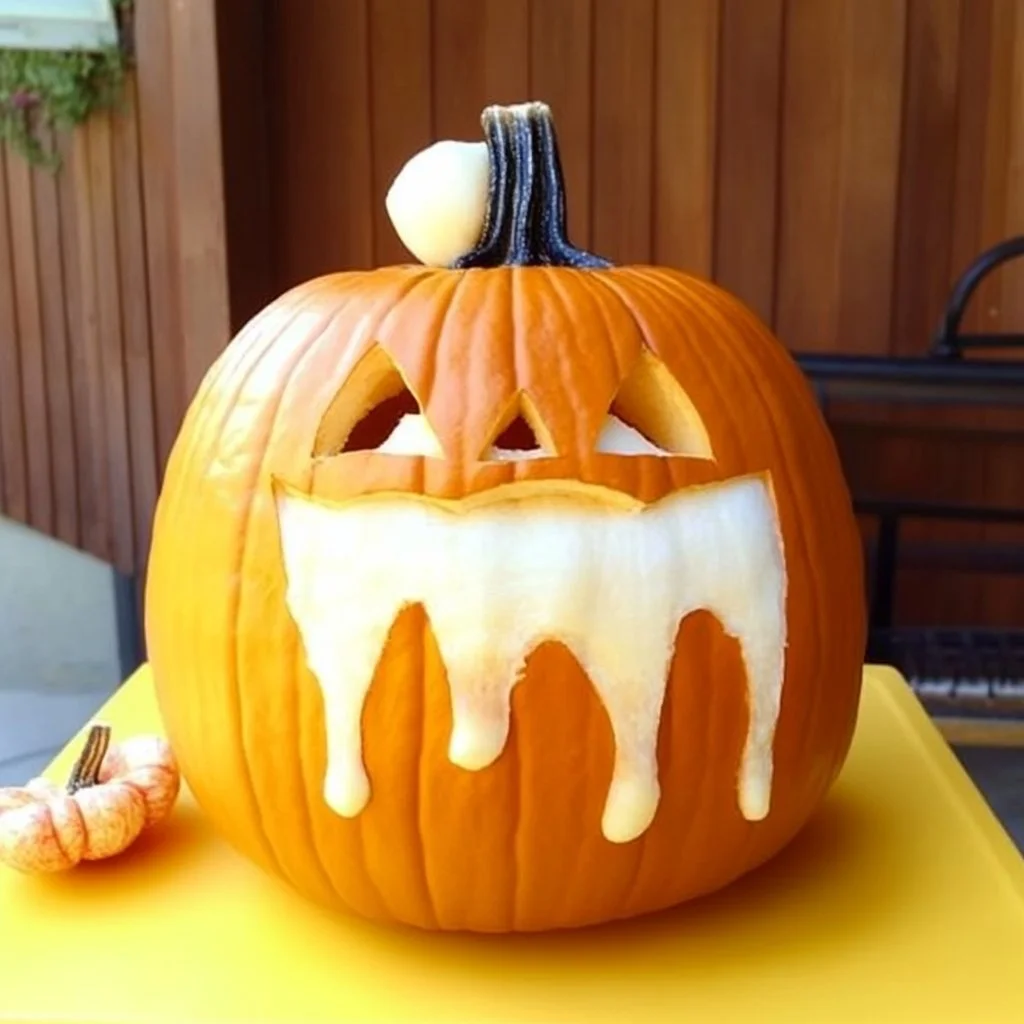 A vibrant pumpkin volcano erupting with colorful foam for Halloween fun.