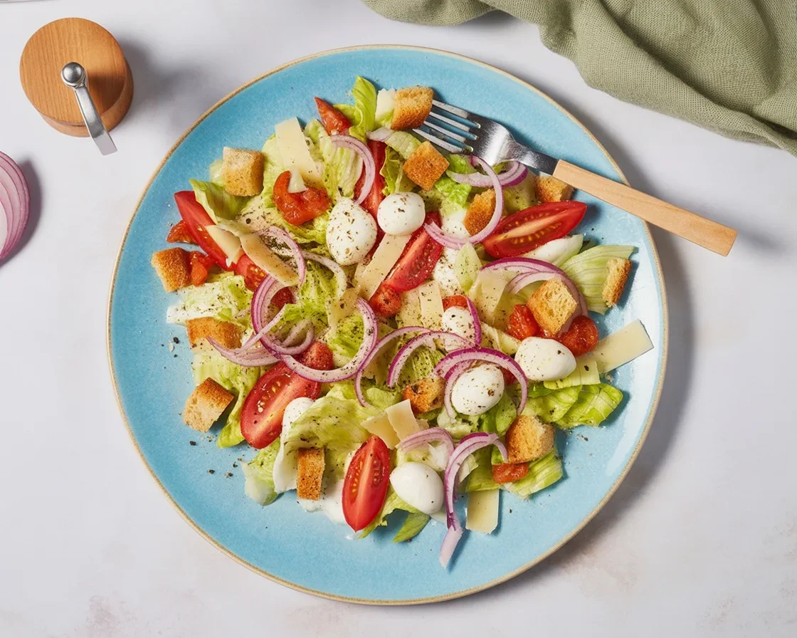 Italian grinder salad no-cook meal with fresh veggies, meat, and cheese.
