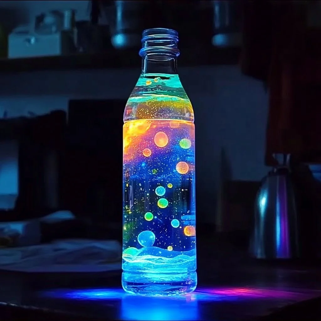 Colorful Rainbow Glow Lava Lamp creating a calming ambiance in a modern room.