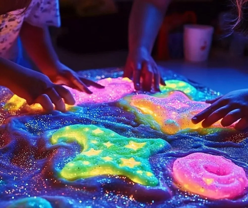 Rainbow Glow Moon Dough in vibrant colors for creative play.
