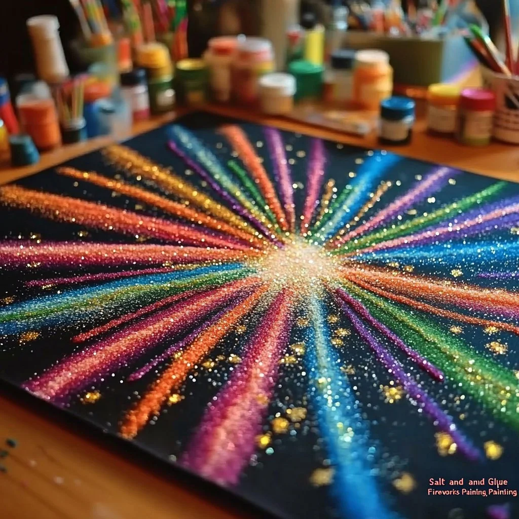 Vibrant fireworks painting using salt and glue technique.