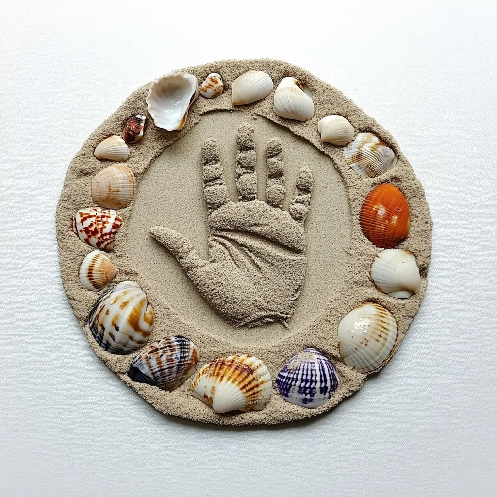 Sand clay handprint keepsake with seashells for lasting memories