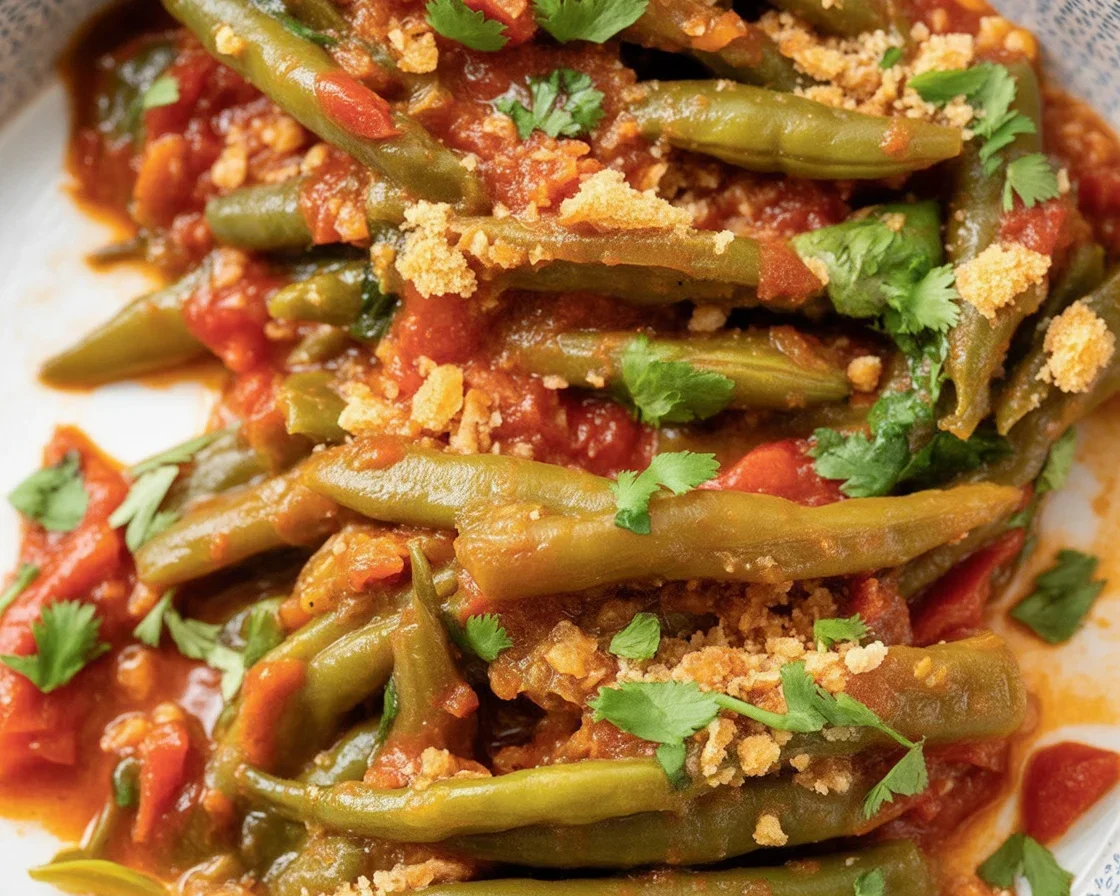 Bowl of braised pole beans in smoky tomato sauce garnished with herbs.