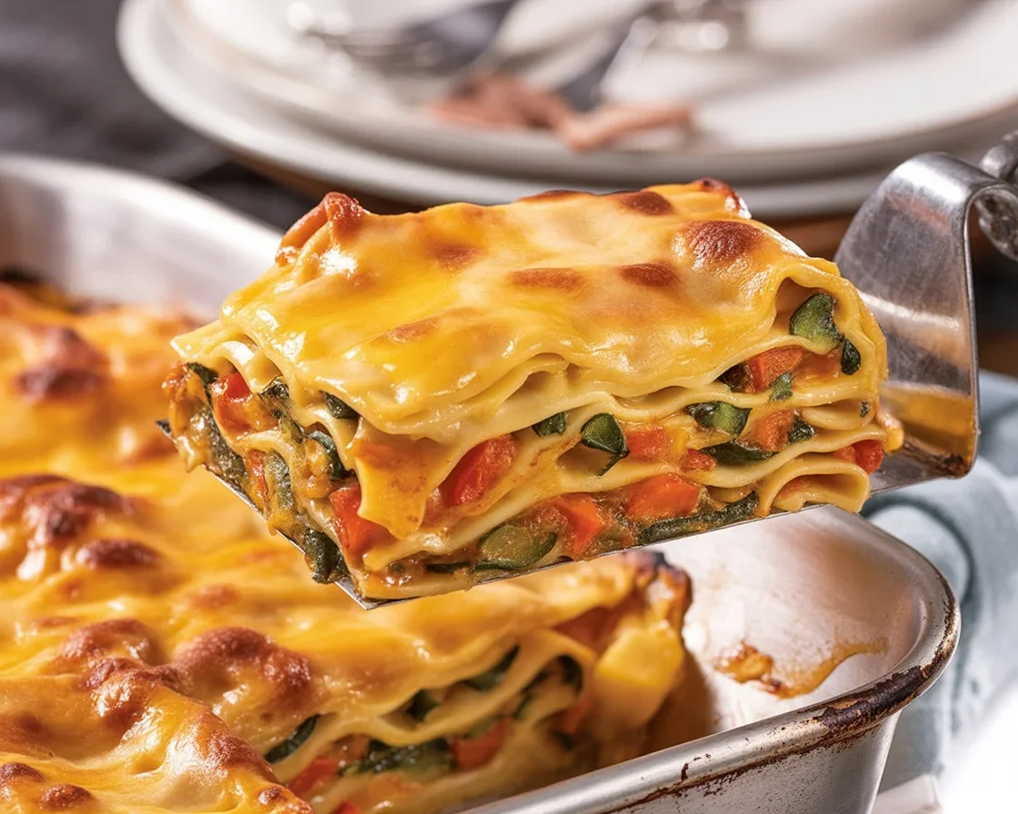 Delicious breakfast lasagna with layers of eggs, bacon, and cheese.