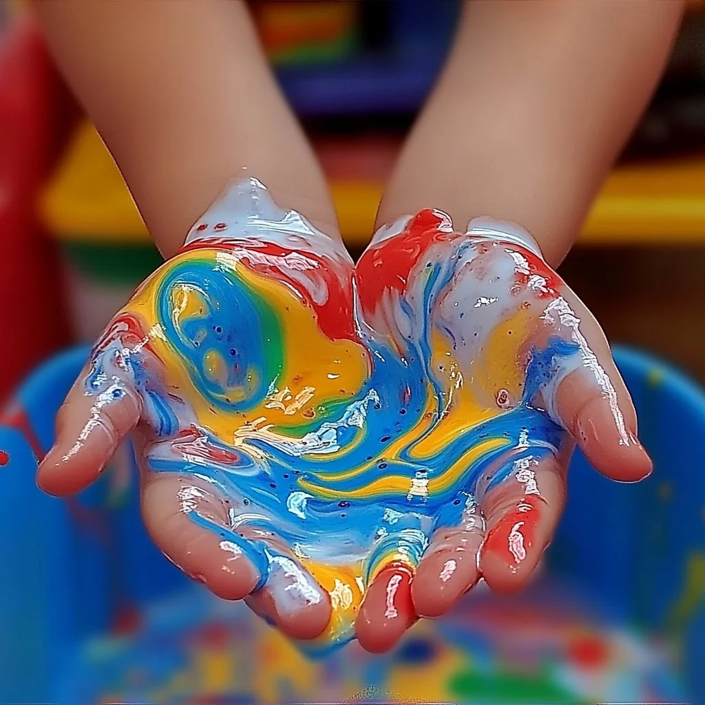 Colorful shaving cream sensory bin for creative play and learning activities.