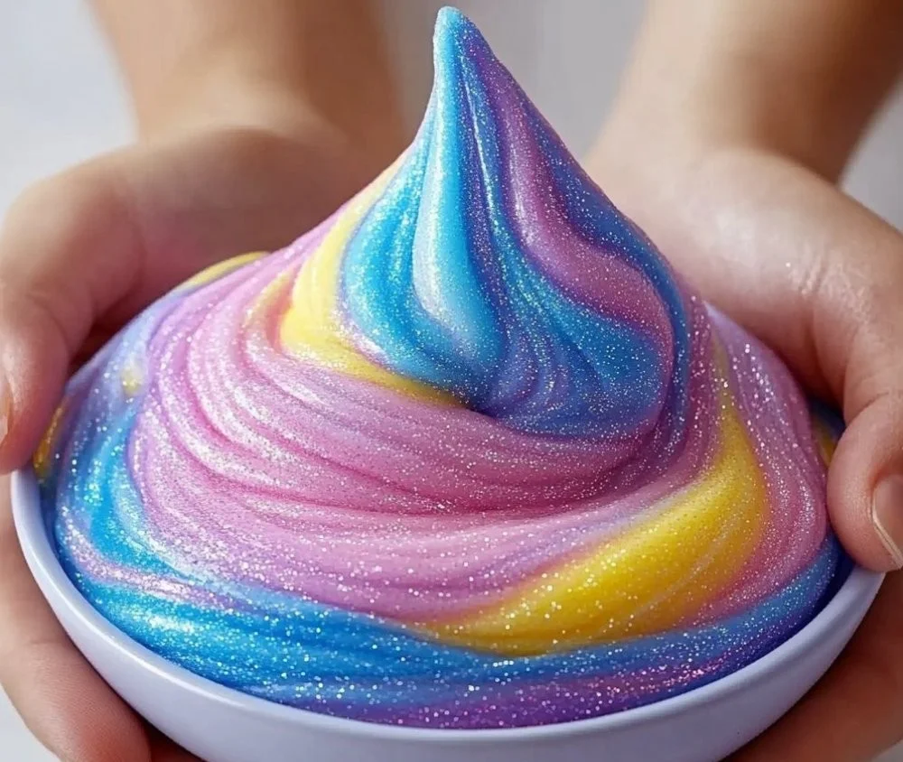 Recipe for making slime without glue, featuring colorful ingredients.