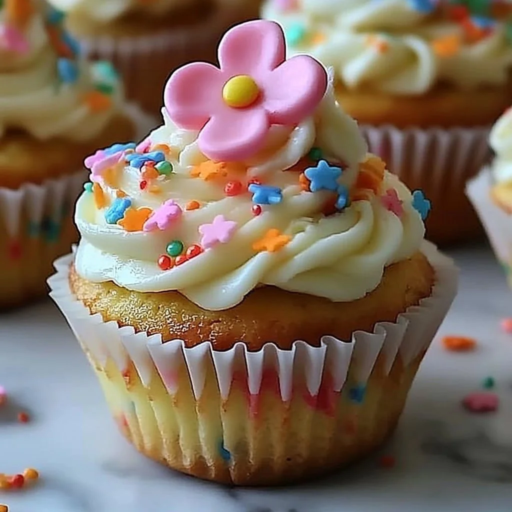 Delicious small batch vanilla sprinkle cupcakes with colorful toppings