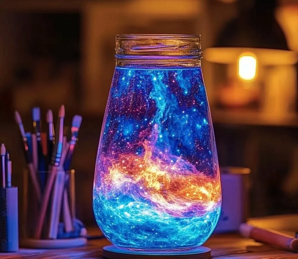 Space-themed lava lamp jars glowing in an immersive cosmic design