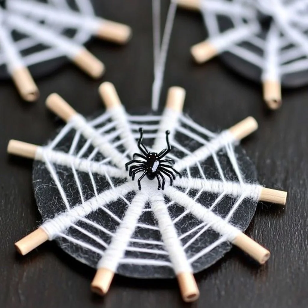 Colorful spiderweb craft display for Halloween decorations
