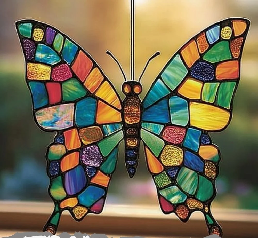 Colorful stained glass butterfly craft project for home decor.
