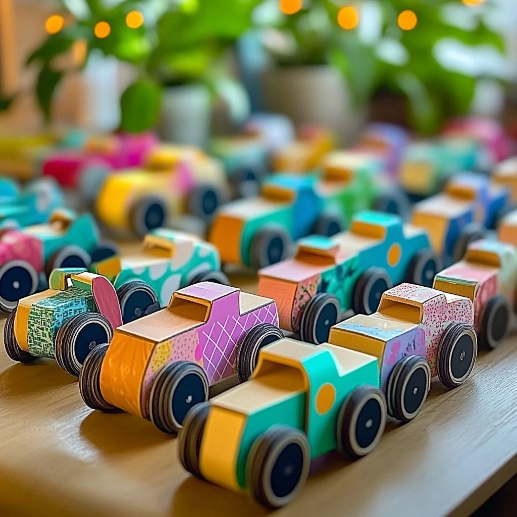 Toilet paper roll transformed into a colorful race car craft for kids.