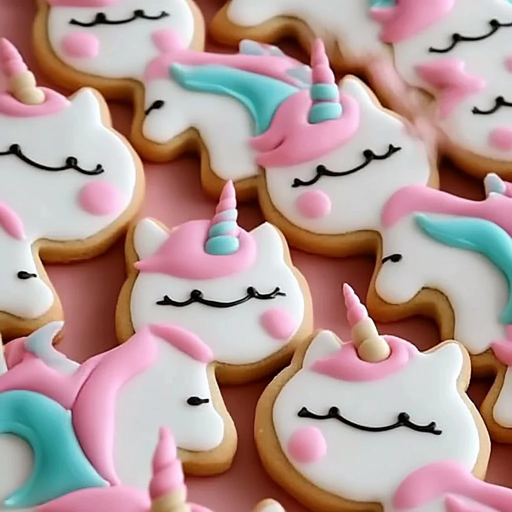Colorful unicorn sugar cookies decorated with sprinkles and icing