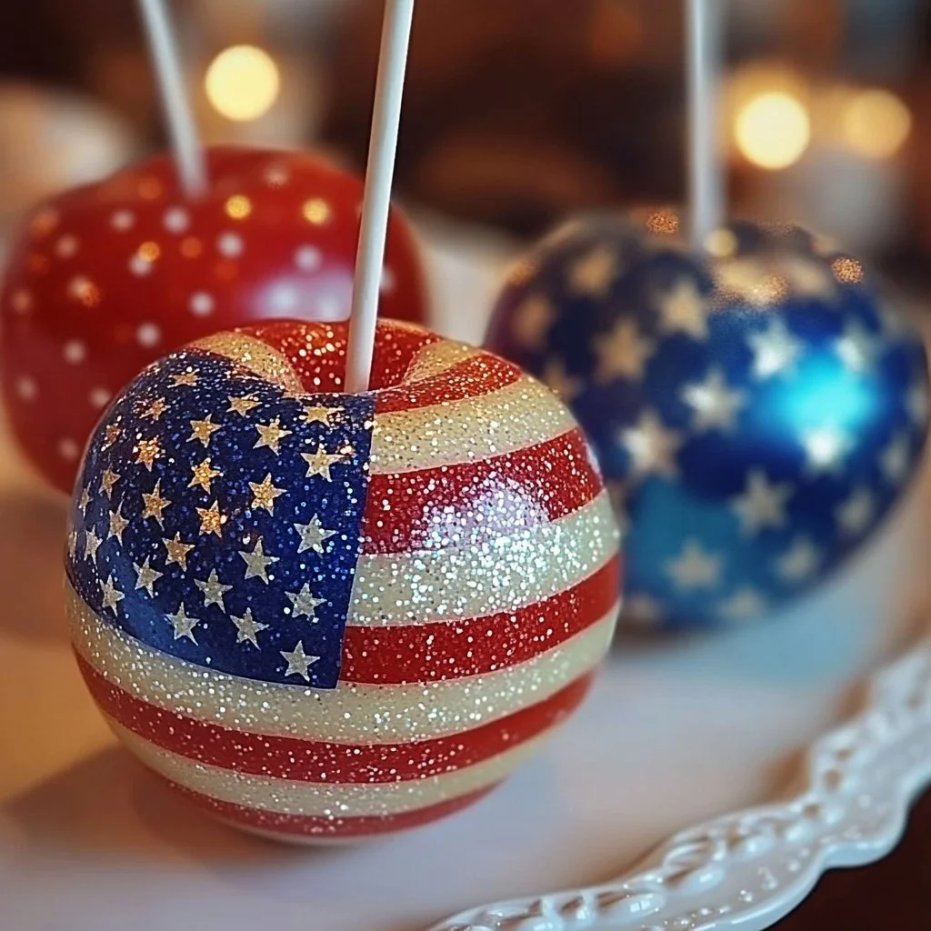 USA Flag Candy Apples decorated with red, white, and blue colors.