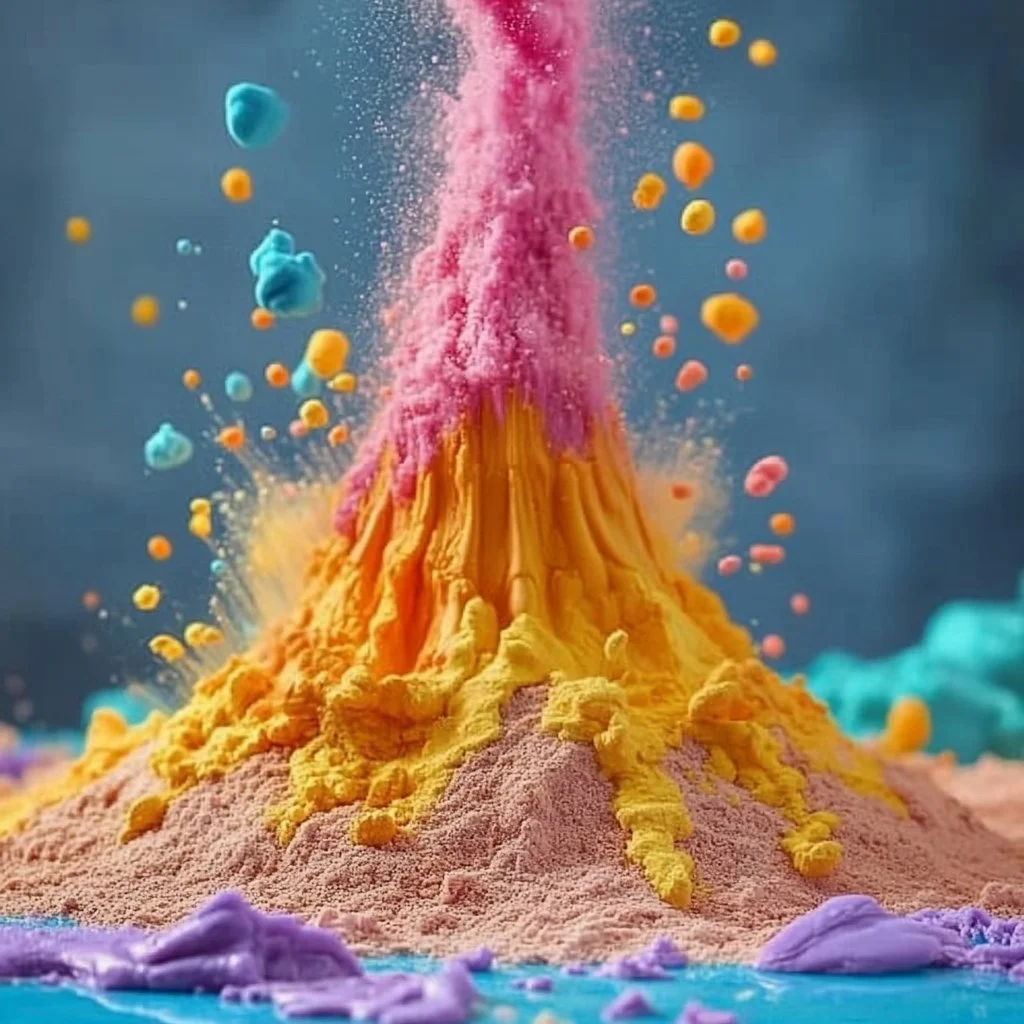Child conducting a volcano experiment with colorful baking soda and vinegar eruption.