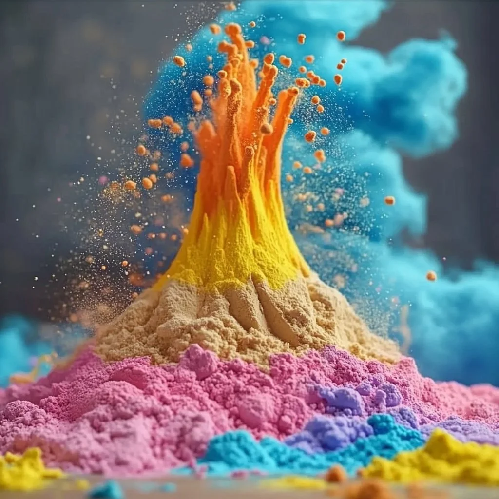 A fun volcano experiment demonstrating an eruption with baking soda and vinegar.