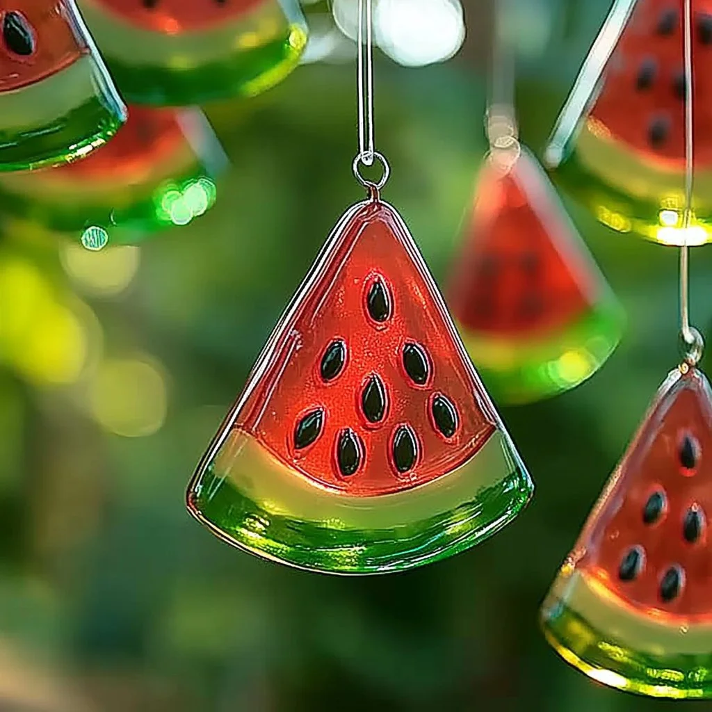 Colorful watermelon slice suncatcher catching sunlight