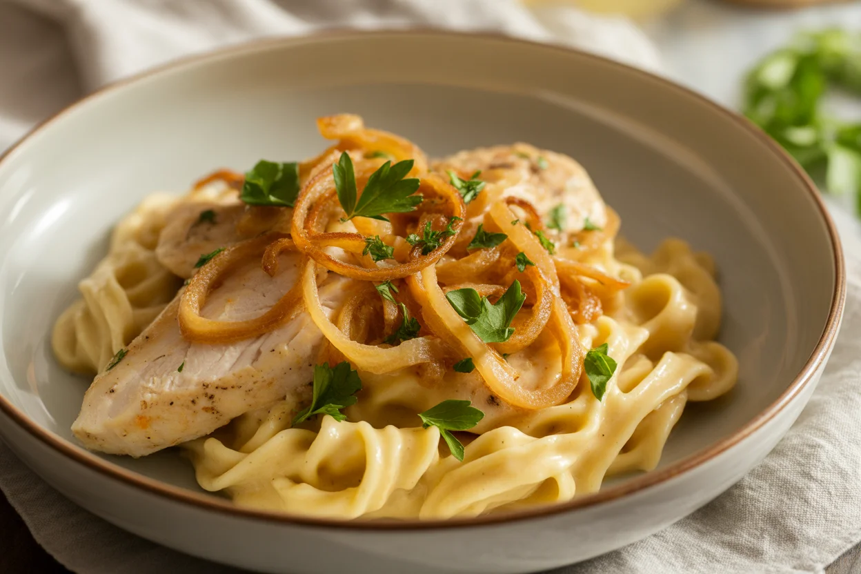 French Onion Chicken Orzo Casserole