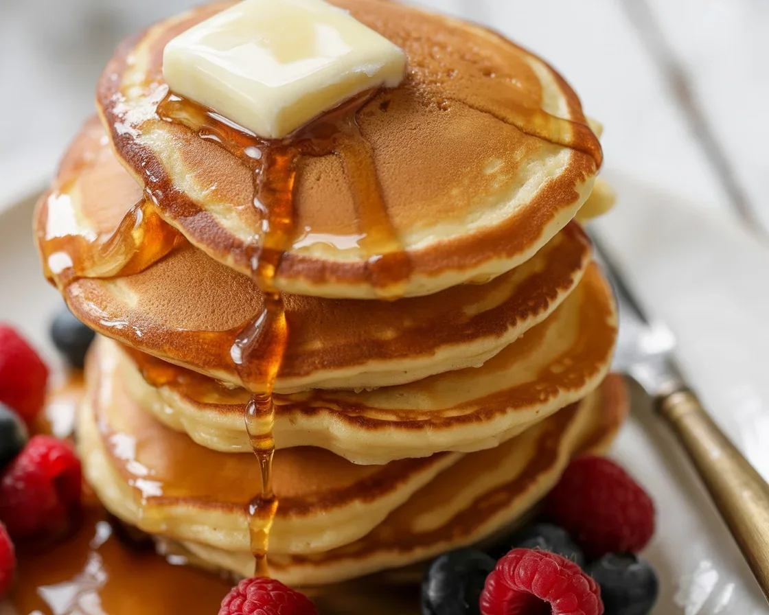 Fluffy pancakes stacked with fresh fruits, representing a healthy breakfast option.