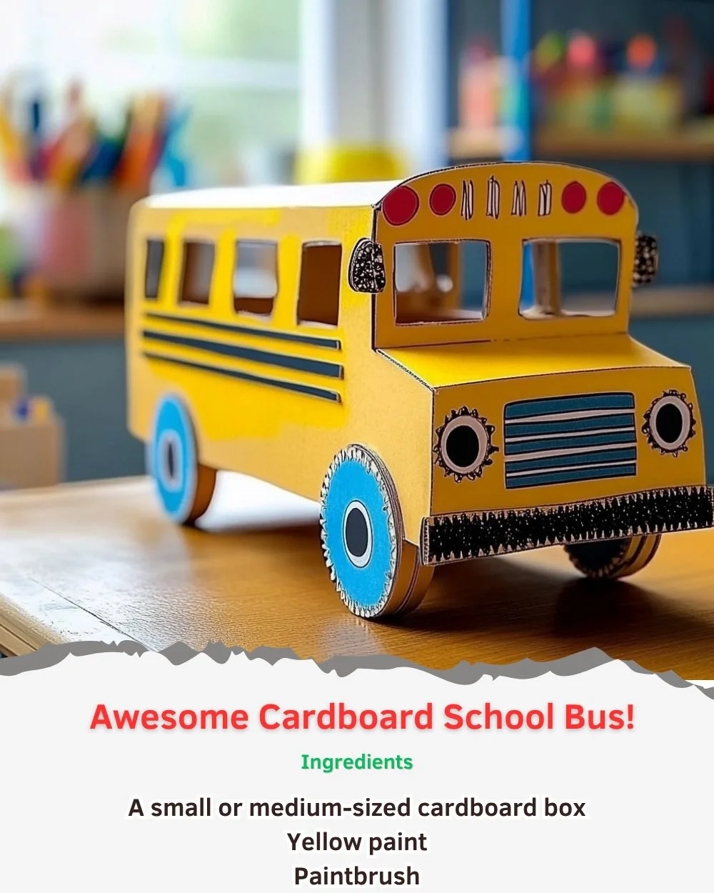 Kids playing with an awesome cardboard school bus, promoting creativity and fun.