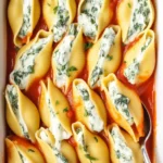 Baked stuffed pasta shells topped with marinara sauce and melted cheese.