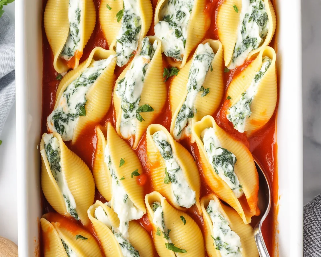 Baked stuffed pasta shells topped with marinara sauce and melted cheese.